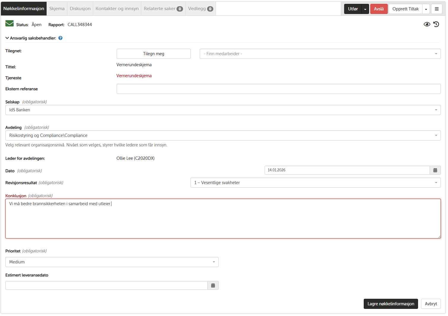 Oppfølging av vernerunde med tiltak og lukking