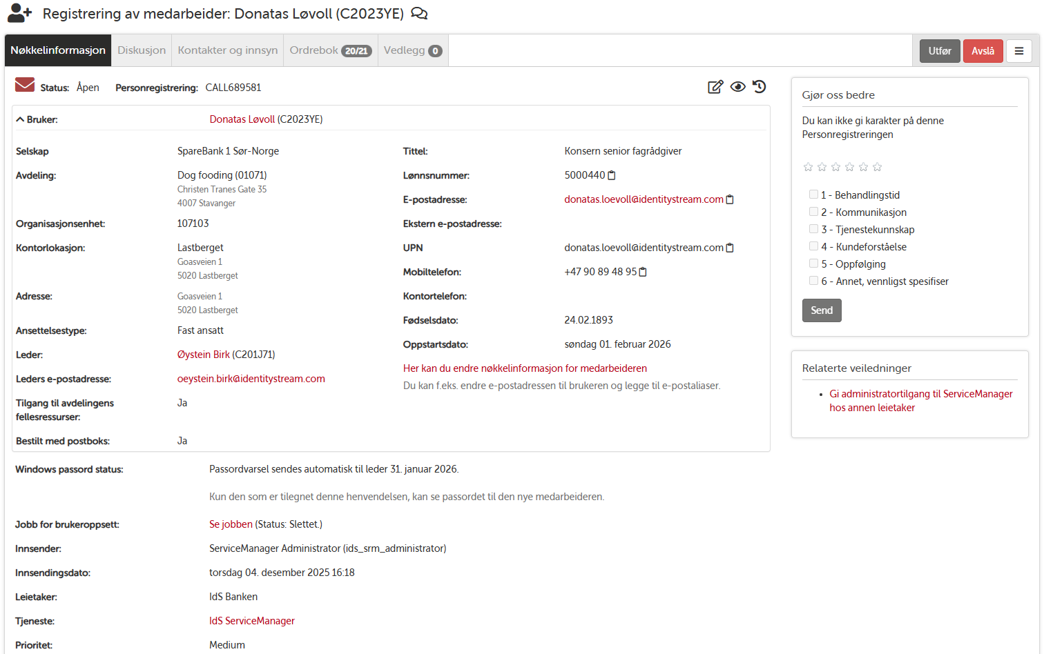 Sak for registrering av medarbeider — nøkkelinformasjon
