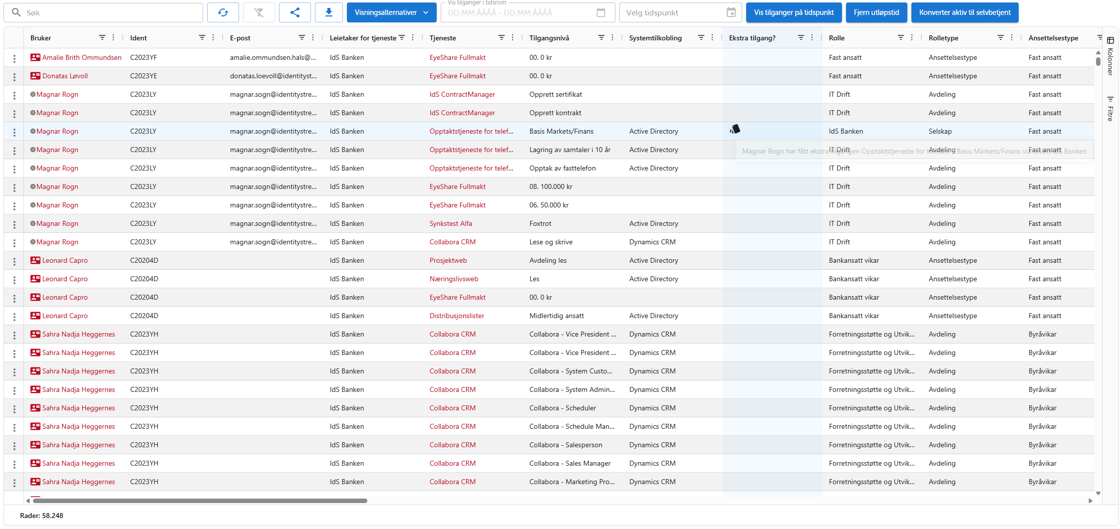 Oversikt over tilganger per bruker med tidsstyring og systemkoblinger