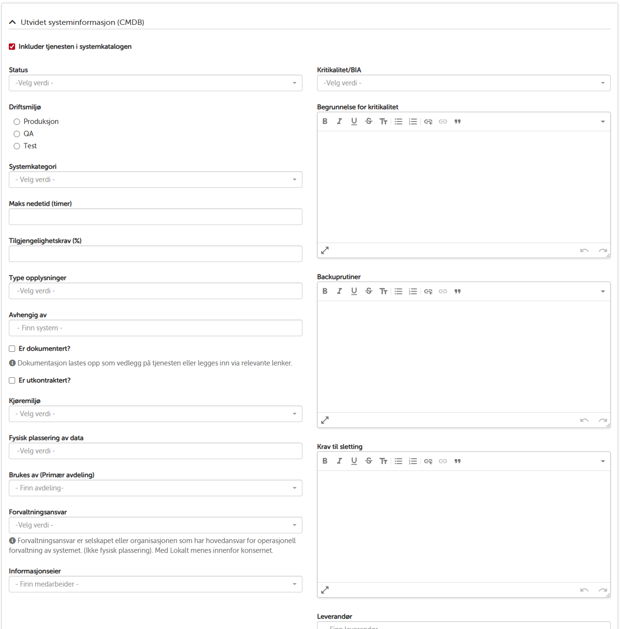 Skjema for utvidet systeminformasjon i CMDB