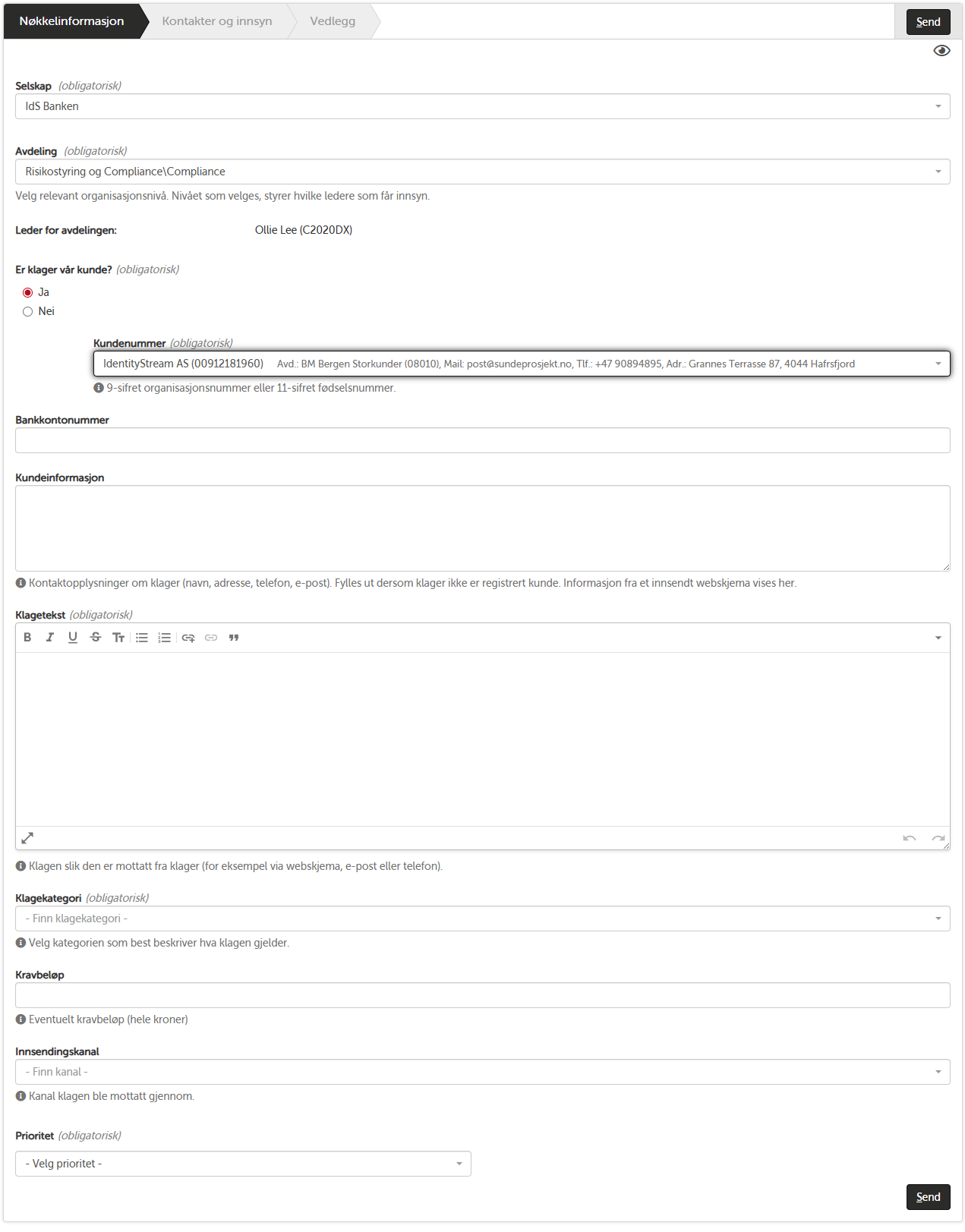 Registreringsskjema for kundeklage