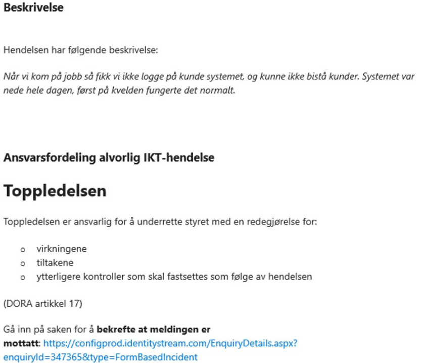 DORA-alarm for hendelse