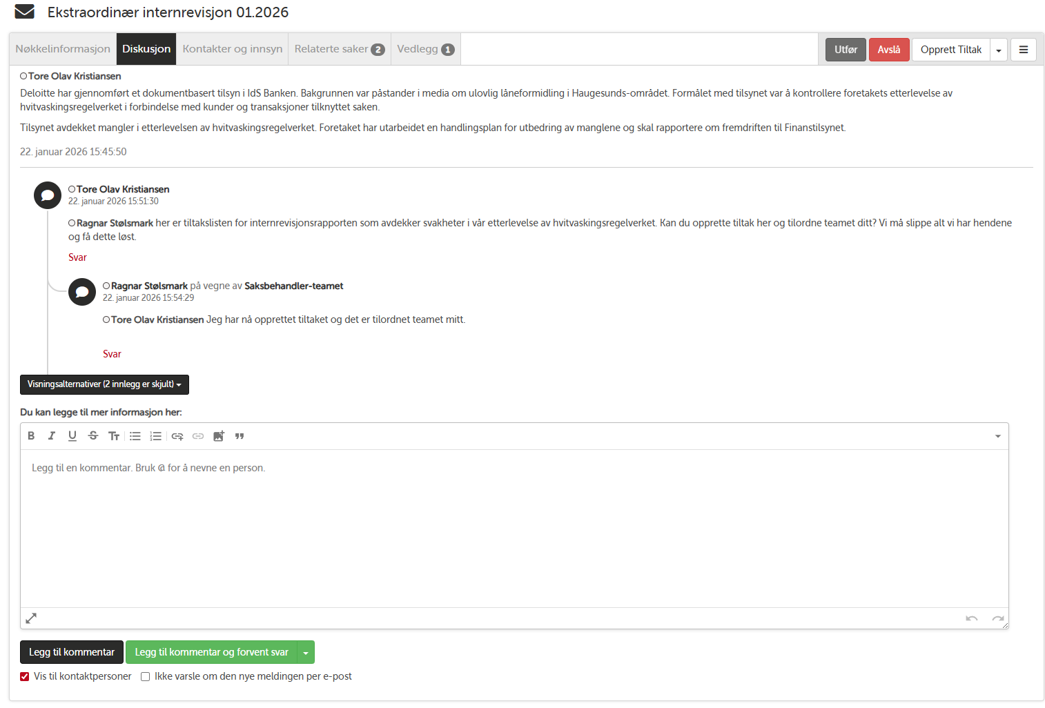 Diskusjonstråd på internrevisjonsrapport med @-omtale og svar