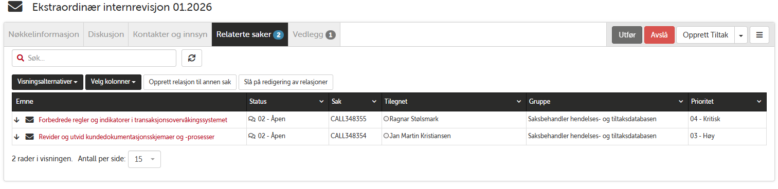 Relaterte saker og opprettede forbedringstiltak knyttet til revisjonsrapport