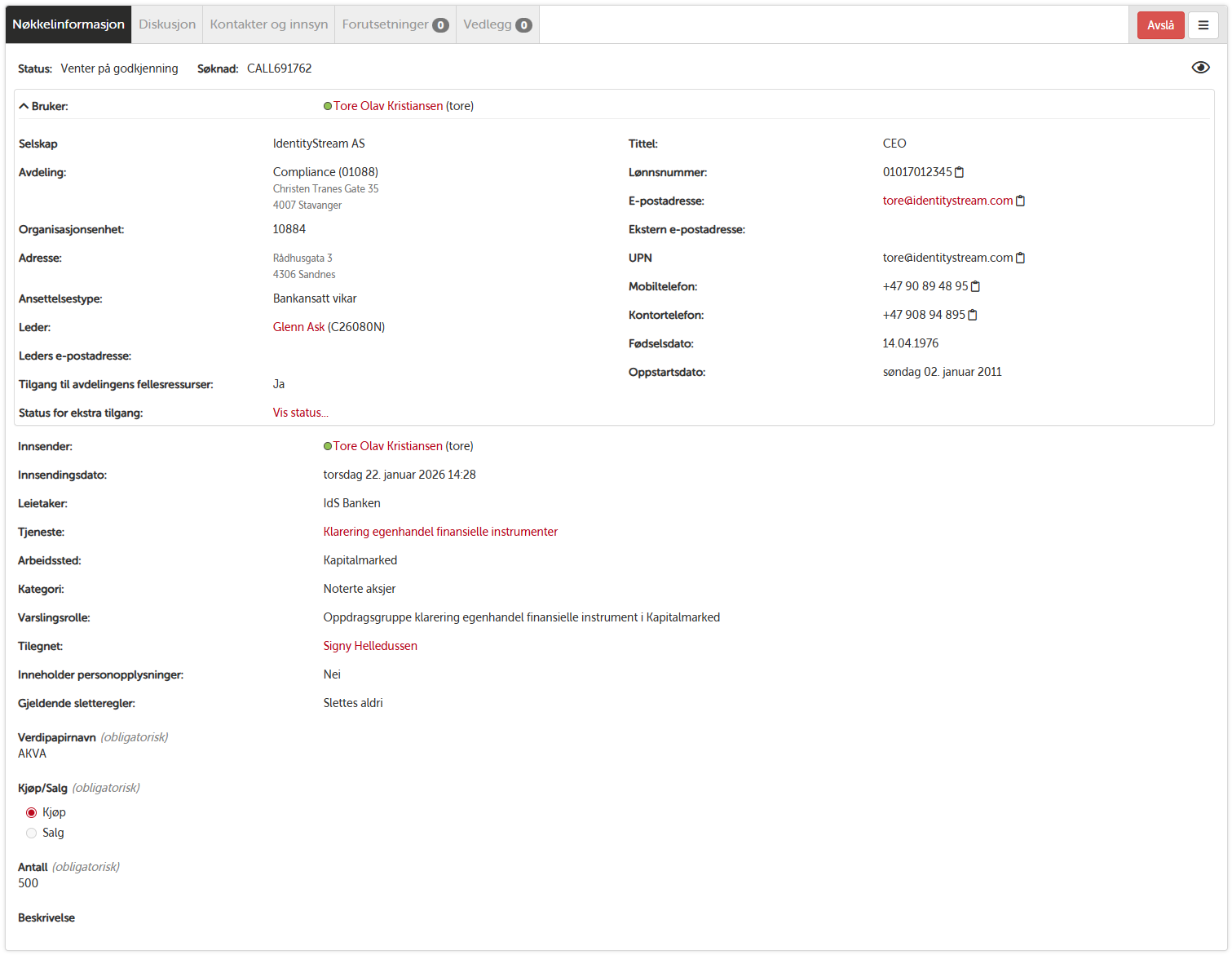 Godkjenningsløp for klarering av egenhandel