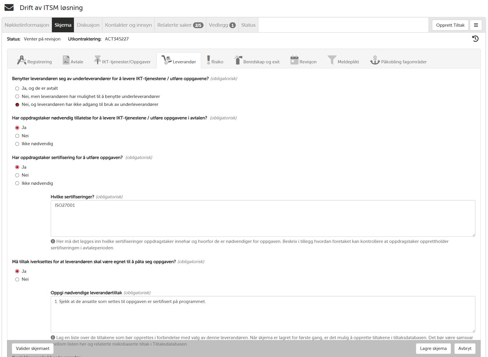 Leverandørdetaljer med tilknyttede avtaler